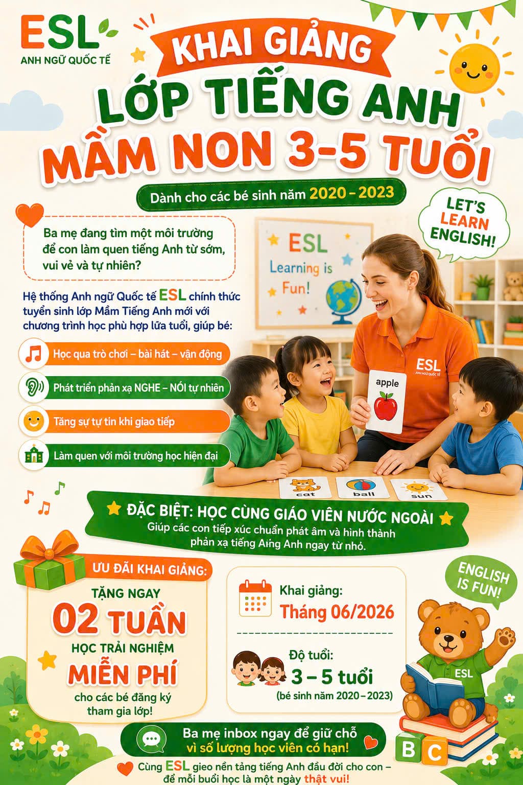 Lớp Tiếng Anh Mầm non 3–5 tuổi cùng Giáo viên Nước ngoài